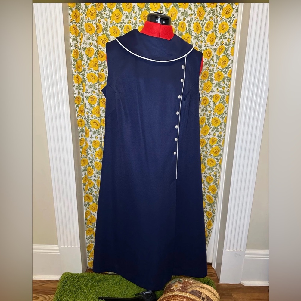 1960’s Handmade Navy Swing Dress with White Accents